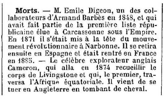 Necrológica de Émile Digeon aparecida en el diario parisino Gazette du Village del 1 de abril de 1894