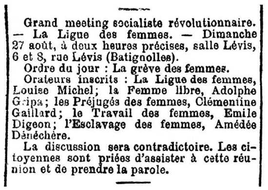 Noticia de un mitin de Émile Digeon y otros compañeros aparecida en diario parisino Le Radical del 27 de agosto de 1882