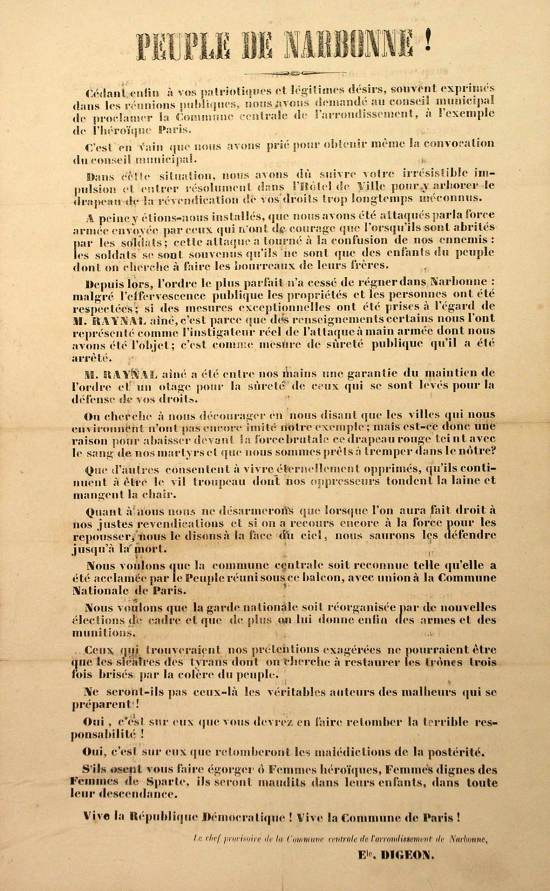 Proclama impresa de Émile Digeon dirigida al «Peuple de Narbonne!» (30 de marzo de 1871)